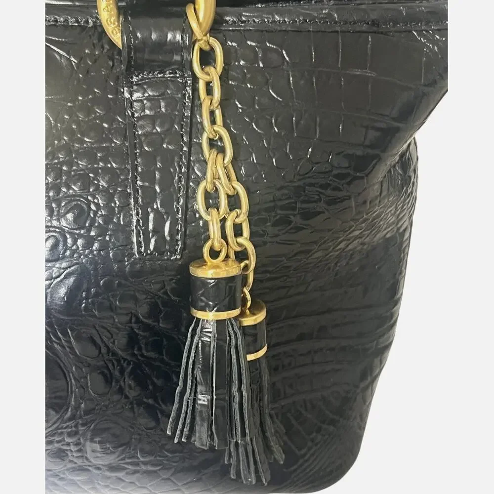 Brahmin Mini Asher Black Melbourne Croc Embossed Leather Satchel Crossbody